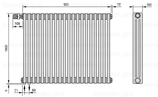 Схема (чертеж) Радиатор Zehnder Charleston 3180/20 №V001 Белый глянцевый RAL 9016